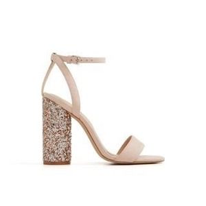 Blingy nude open toe block heels